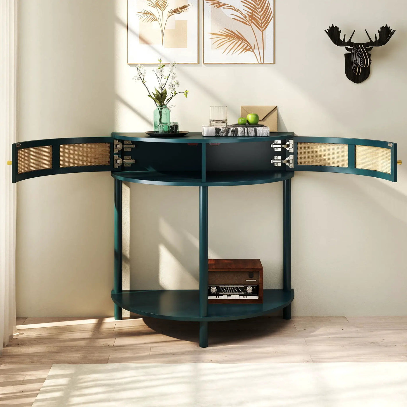 Boho Rattan Semi Circle End Table With Sliding Rattan Door, Storage And Bottom Shelf by HouseOfZazla