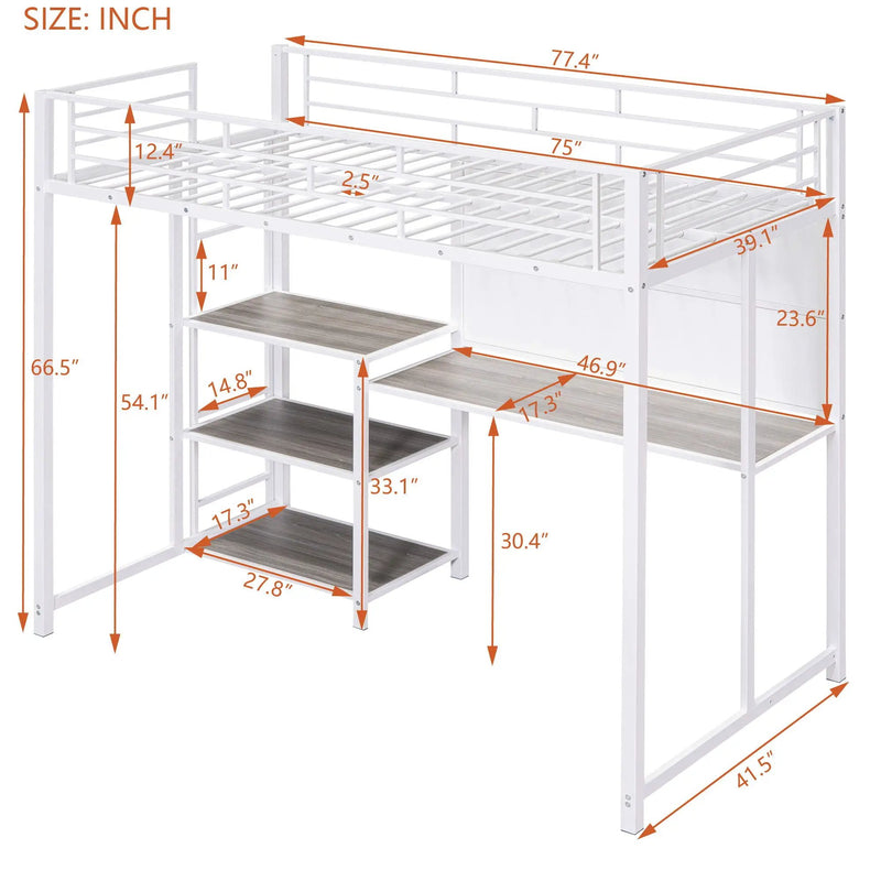 Metal Loft Bed With Desk, 3 Shelves And Ladder by Unique Piece Furniture