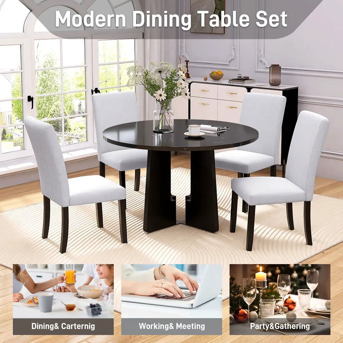 5 Piece Round Dining Table Set, Modern Dining Table And 4 Upholstered Chairs For Dining Room by Unique Piece Furniture