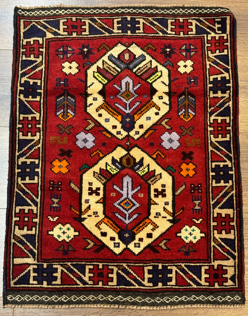 Small Persian Tribal Rug, Red and Ivory, Baluch Rug by Jewel Rugs