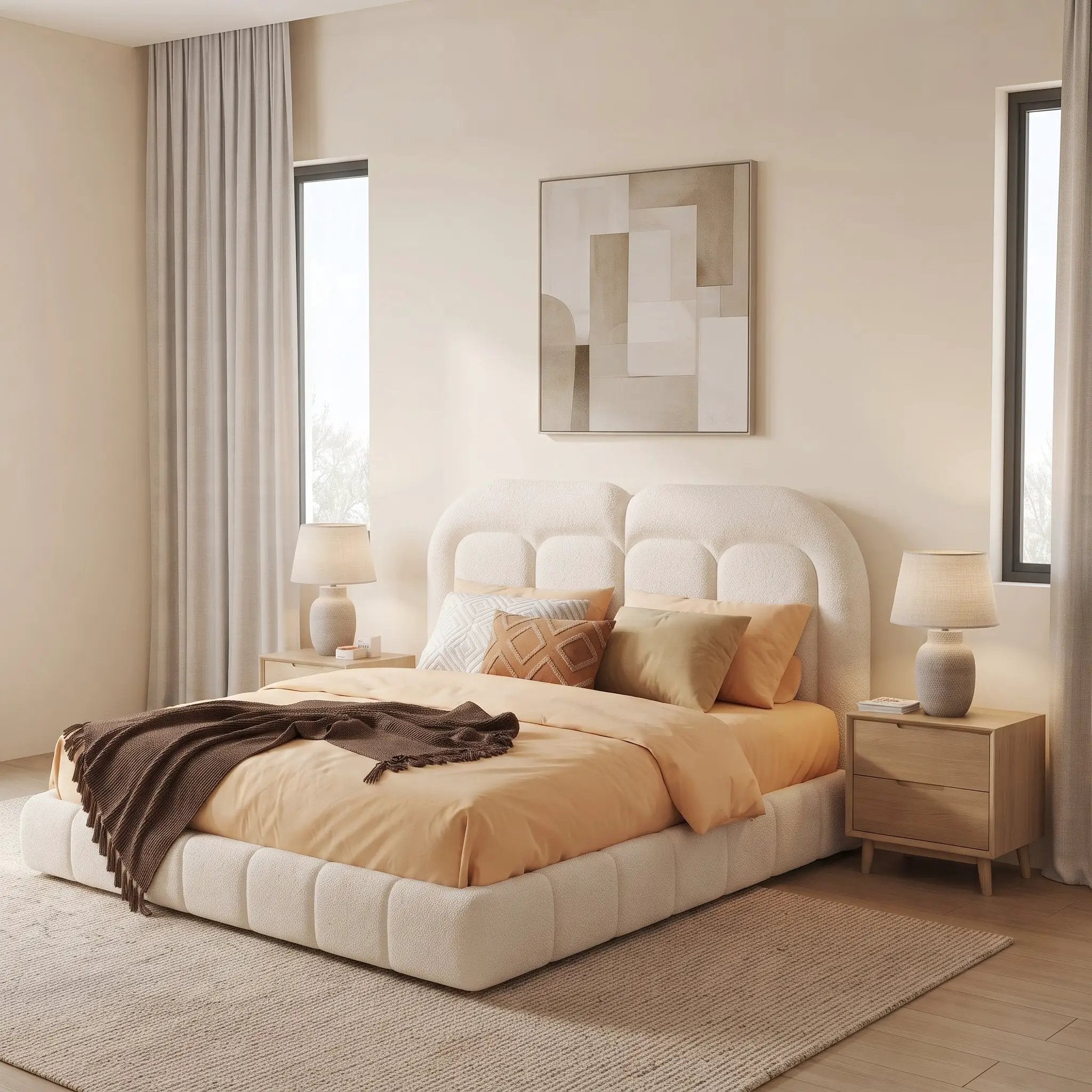 Queen Size Boucle Upholstered Platform Bed with Tufted Headboard by HouseOfZazla