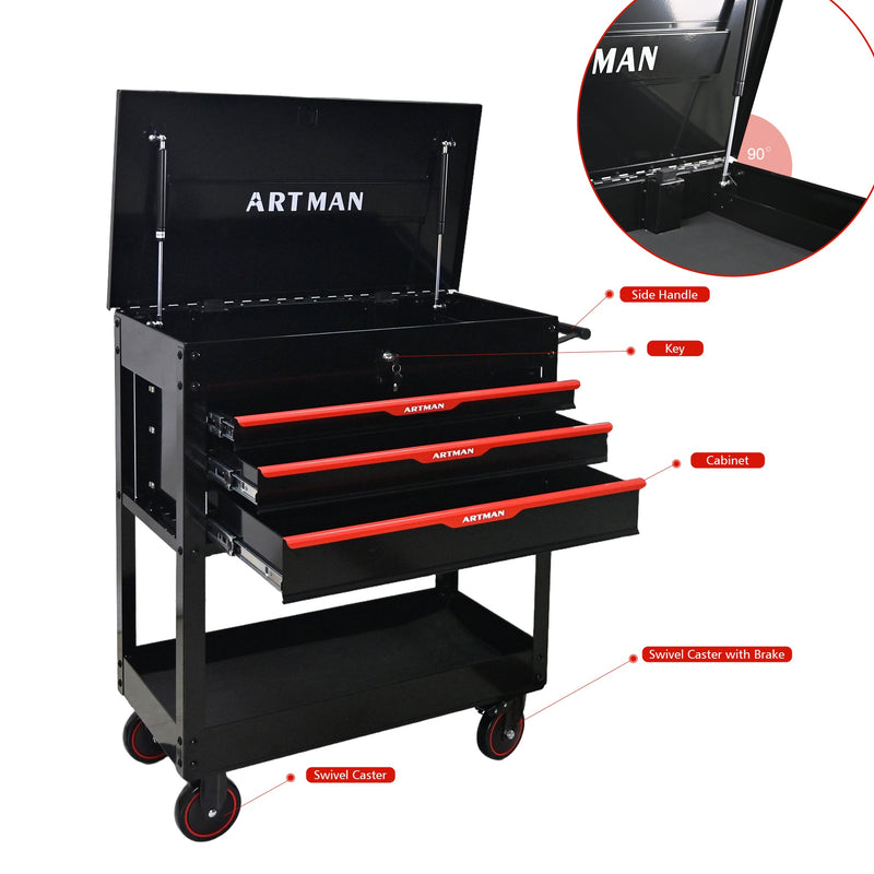 3 Drawers Multifunctional Tool Cart with Wheels and Steel Top - Black & Red by HouseOfZazla