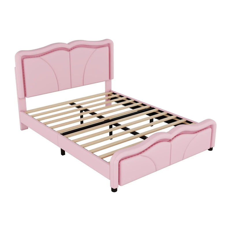 Upholstered Platform Bed & Curve Shaped And Height Adjustable Headboard, LED Light Strips by Unique Piece Furniture