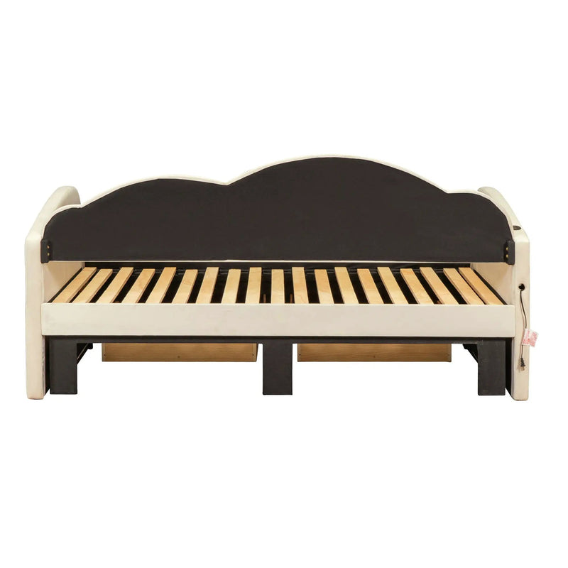 Upholstered Daybed With Cloud-Shaped Backrest, Trundle & 2 Drawers And USB Ports by HouseOfZazla