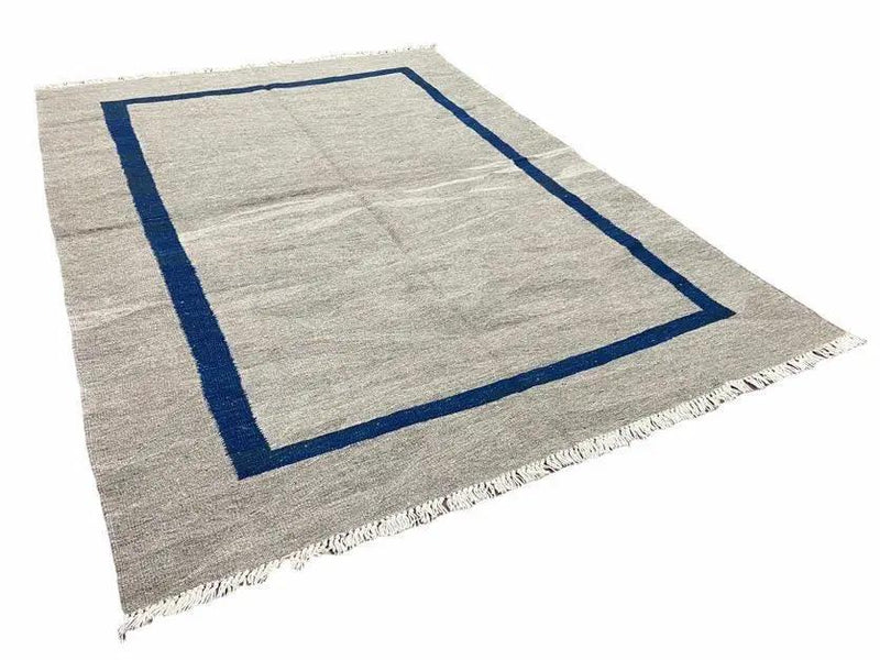 Geometric Turkish Kilim Rug 5' 7" x 7' 9", Flatweave Carpet, Minimal Design, Anatolian Carpet, Gray, Geometric, Dark Blue, Hand-Knotted, New by Jewel Rugs