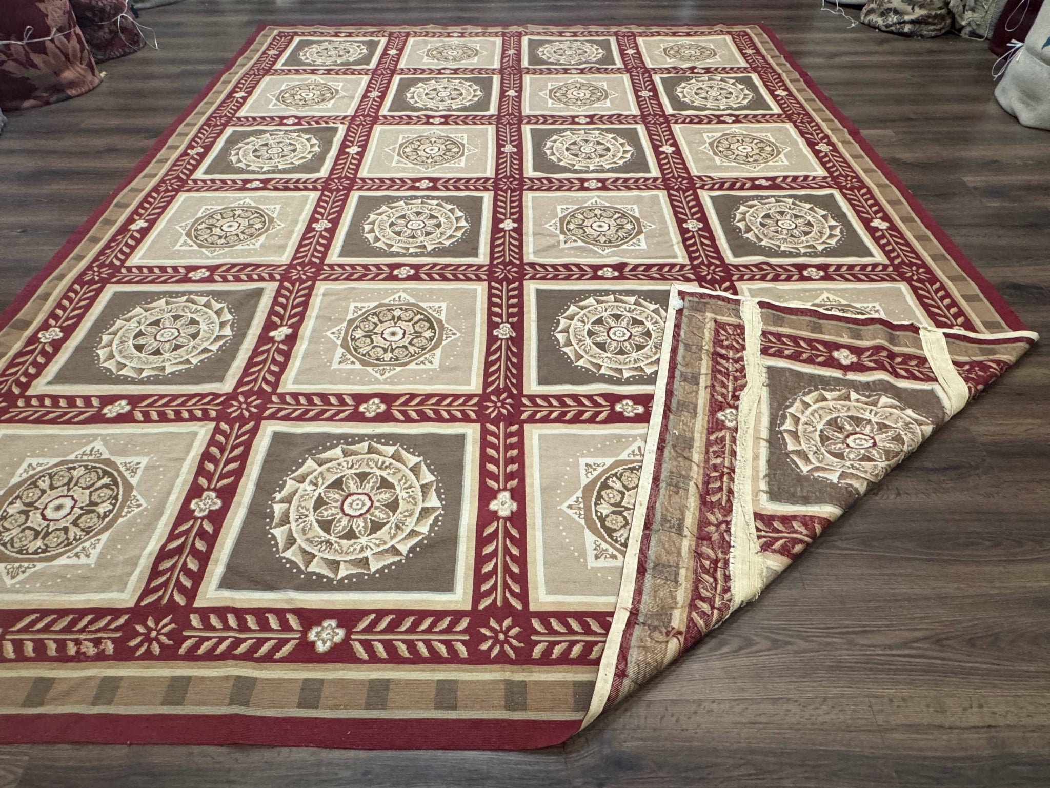 Needlepoint Rug 9x12, Panel Design, Burgundy Taupe, Elegant by Jewel Rugs