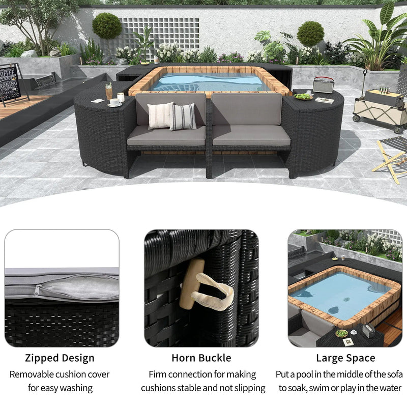 Spa Surround Spa Frame Quadrilateral Outdoor Rattan Sectional Sofa Set With Mini Sofa, Wooden Seats And Storage Spaces by Unique Piece Furniture