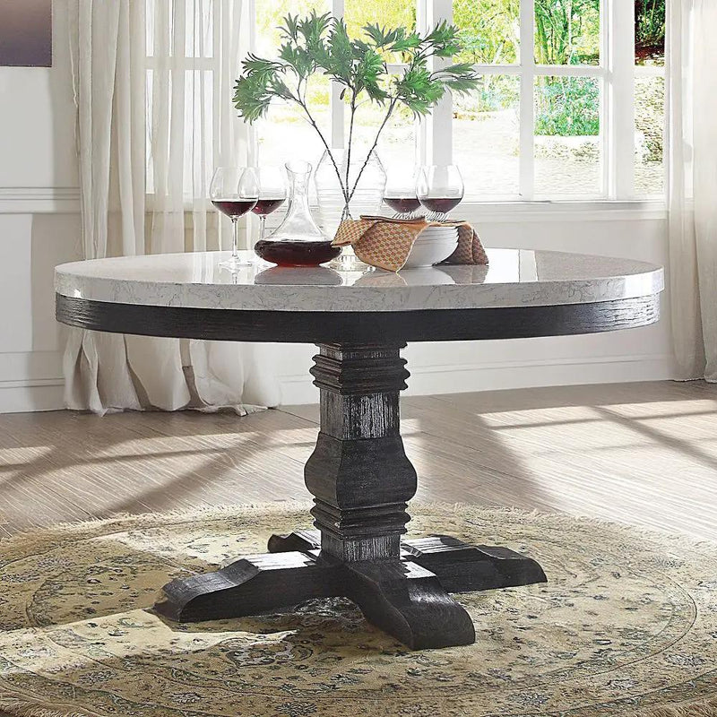 Nolan - Round Dining Table - White Marble Top & Salvage Dark Oak by Unique Piece Furniture