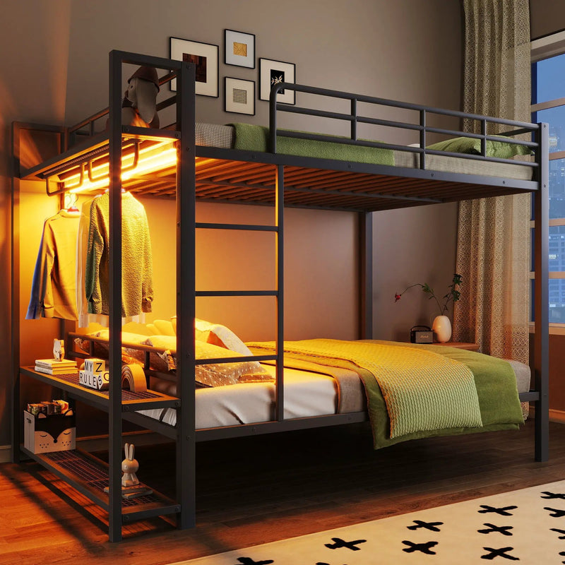 Bunk Bed With Storage Shelves, Clothes Hooks, LED Light by Unique Piece Furniture