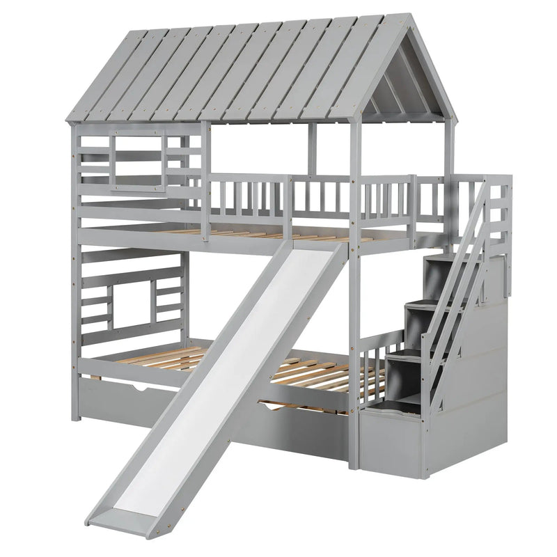House Bunk Bed With Trundle, Storage Staircase, Roof And Window Design by HouseOfZazla