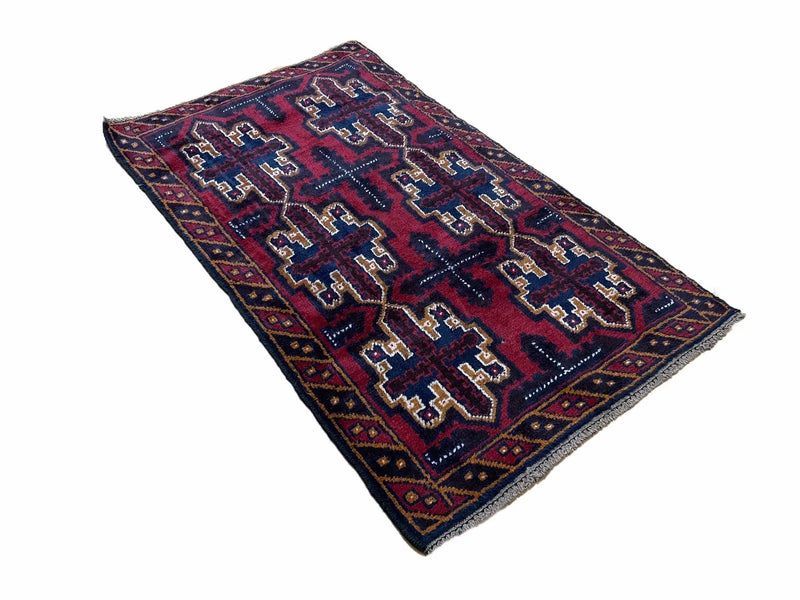 2' 7" X 4' 6" Vintage Handmade Tribal Wool Rug Balouchi Rug Afghan Rug Red Blue by Jewel Rugs