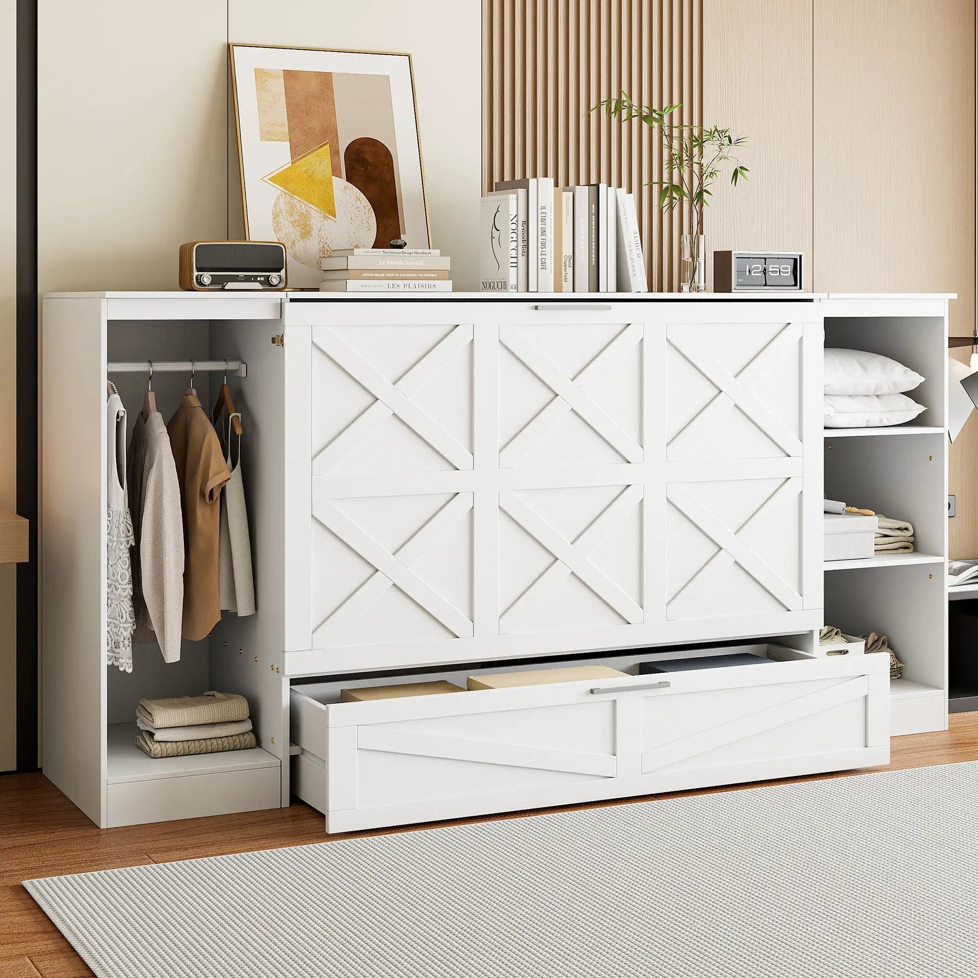 Twin Size Murphy Bed With Bedside Shelves And Wardrobe - White by Unique Piece Furniture