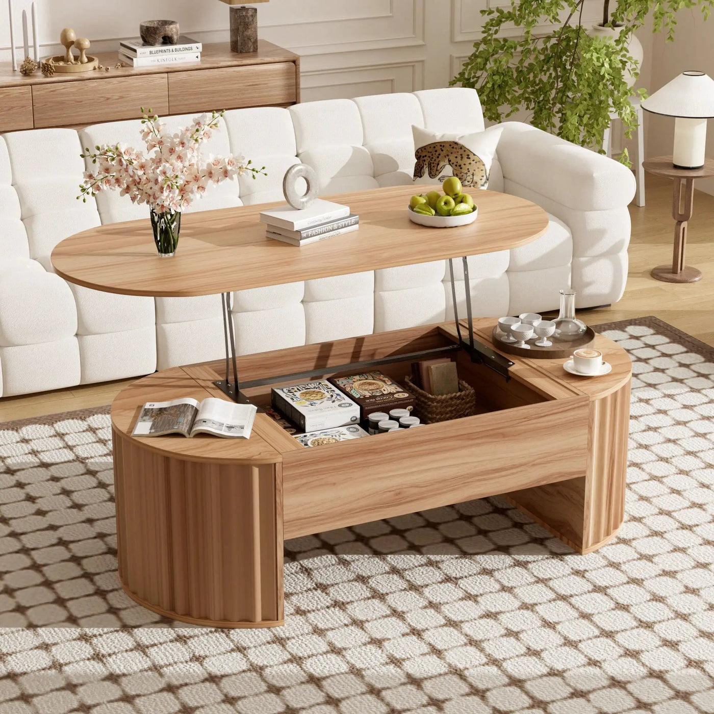 Lift Top Coffee Table With Hidden Compartment, Modern Oval Lift Tabletop For Home Living Room by Unique Piece Furniture