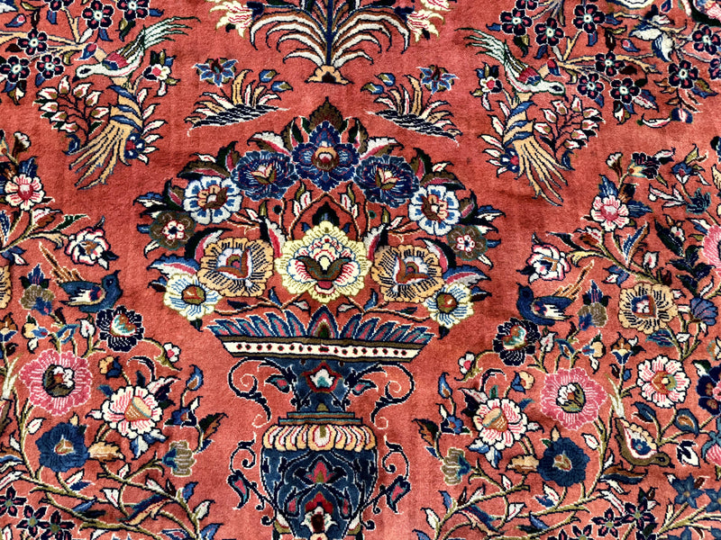 Persian Sarouk Rug 7x10, Red and Ivory, Floral Bouquets, Birds by Jewel Rugs