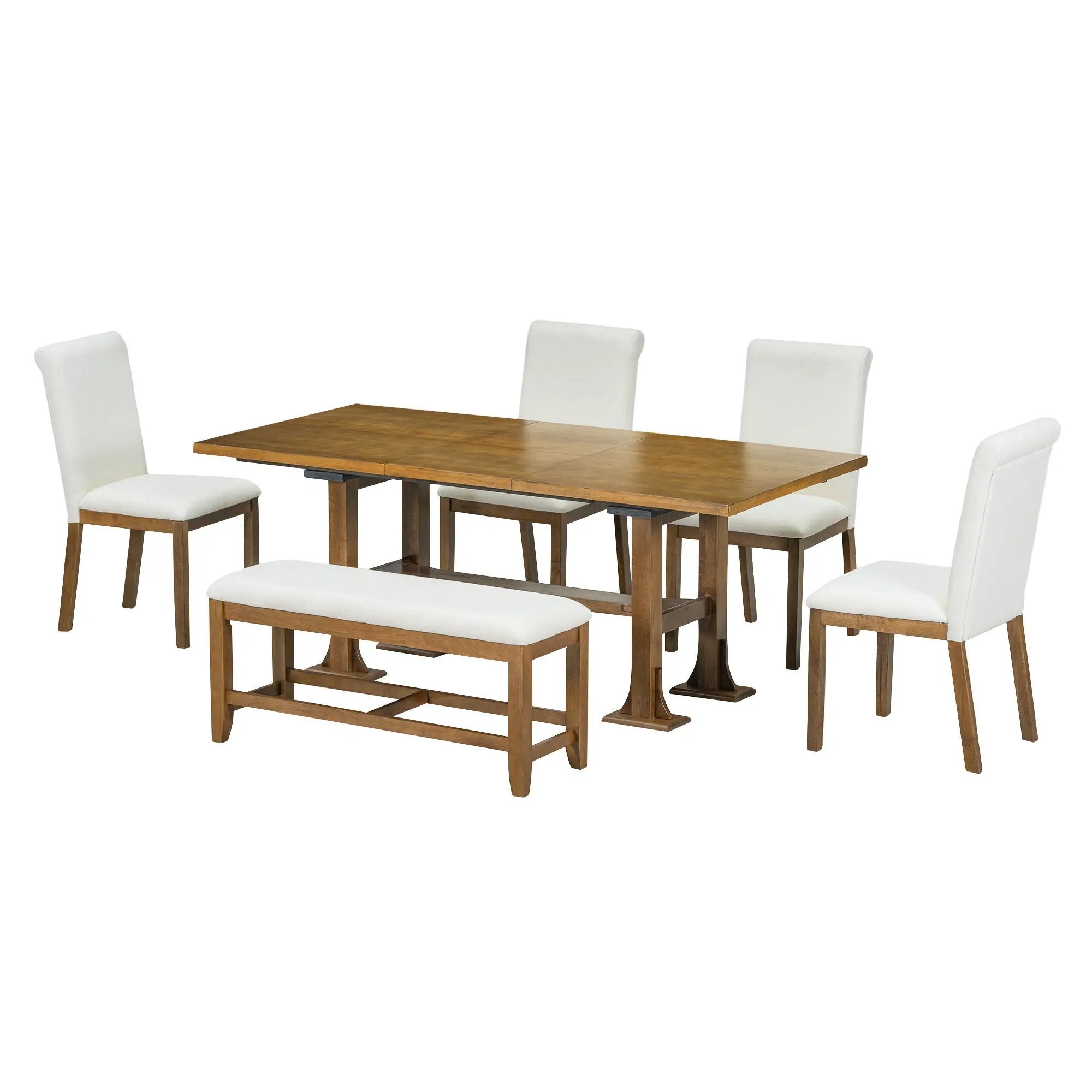 Topmax - 6 Piece Farmhouse Extendable Dining Table Set Trestle Kitchen Table Set With Removable Leaf And Upholstered Dining Chair And Bench For Dining Room by HouseOfZazla