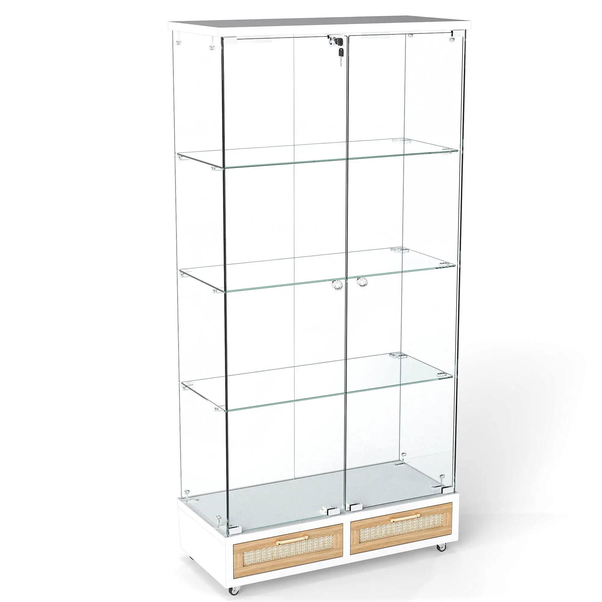 Glass Display Cabinet With LED Lights, Tempered Glass Doors, Large Drawers, 2 Door Storage Case With 4 Shelves - Natural / White by HouseOfZazla