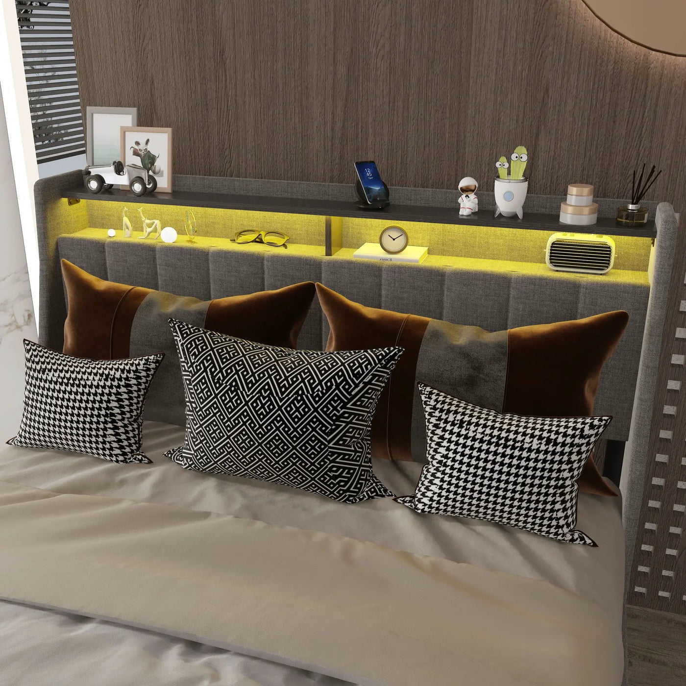 Bed With LED Lights, 4 Drawers, Winged Headboard Upholstered by Unique Piece Furniture