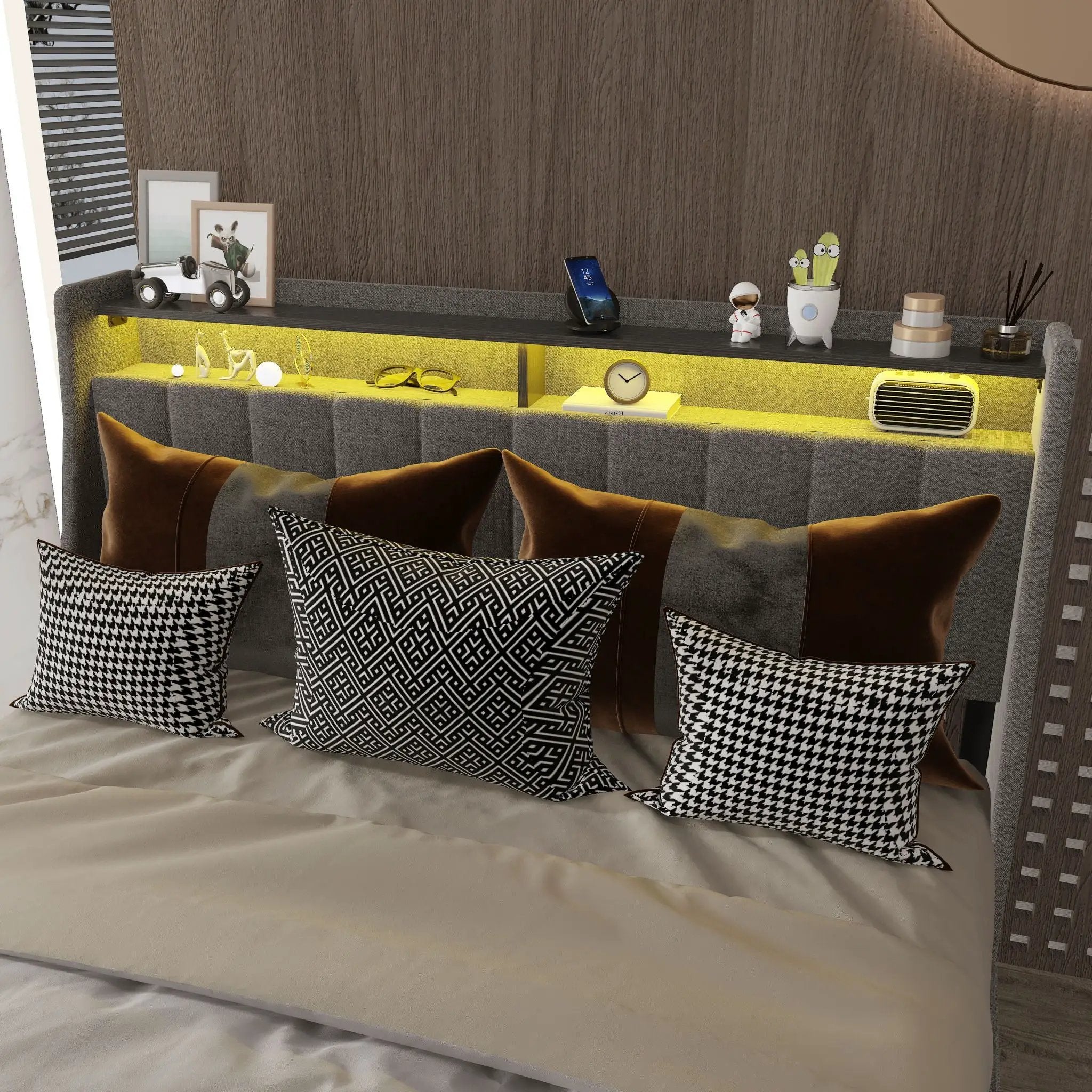 Bed With LED Lights, 4 Drawers, Winged Headboard Upholstered by Unique Piece Furniture