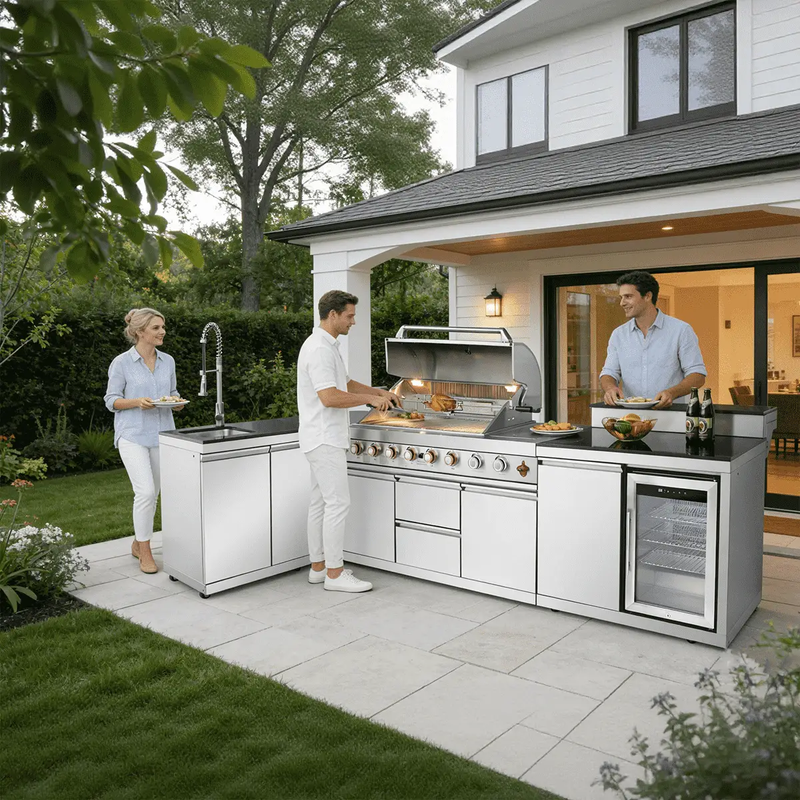 95.8" 6+1 Burner 95,500 BTU Outdoor Kitchen Island Grill Silver + Sink + Refrigerator + Bar Table by Chery Industrial