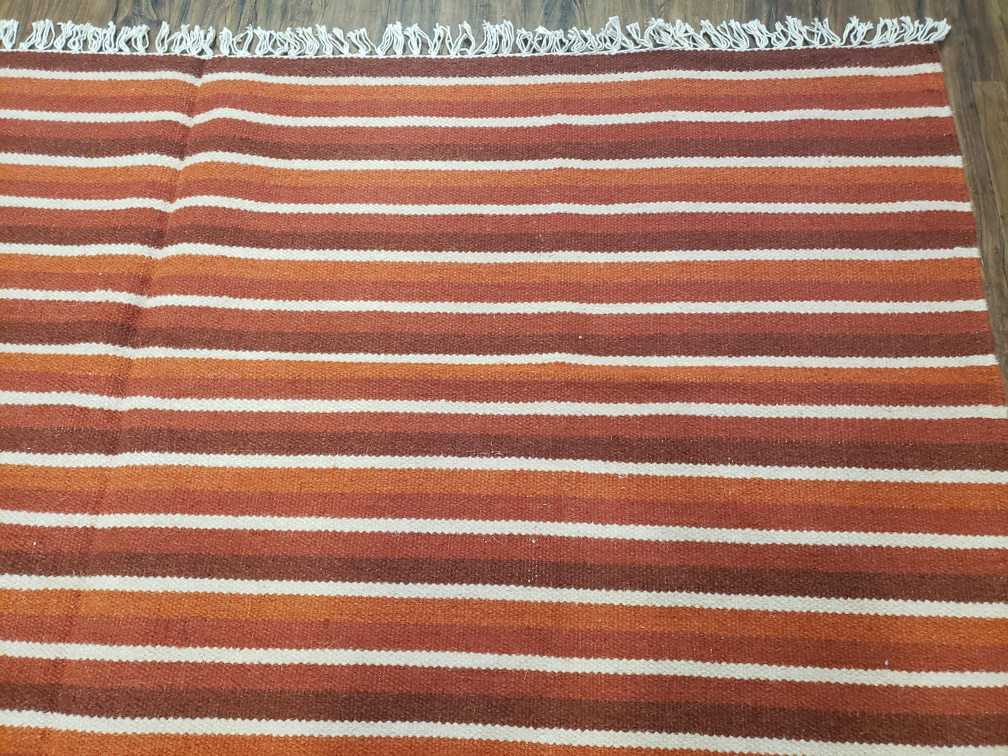Large Striped Woolen Handmade Throw Blanket, Twin Size Bedding Hand-Woven, Indian Kilim Area Rug, 6x8 - 7x8, South American Style Textile by Jewel Rugs