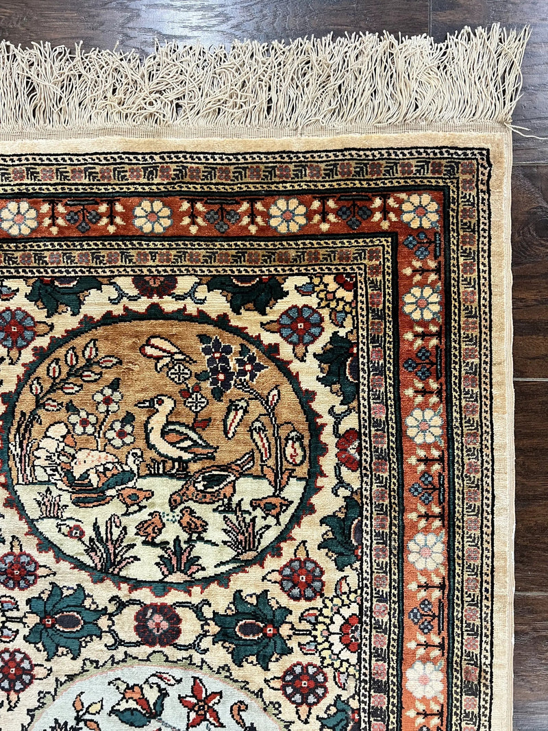 Silk Turkish Rug 2x4, Fine Handmade Oriental Rug, Animal Pictorial Birds Silk Pile on Silk Foundation Vintage Hand Knotted Hereke Carpet by Jewel Rugs
