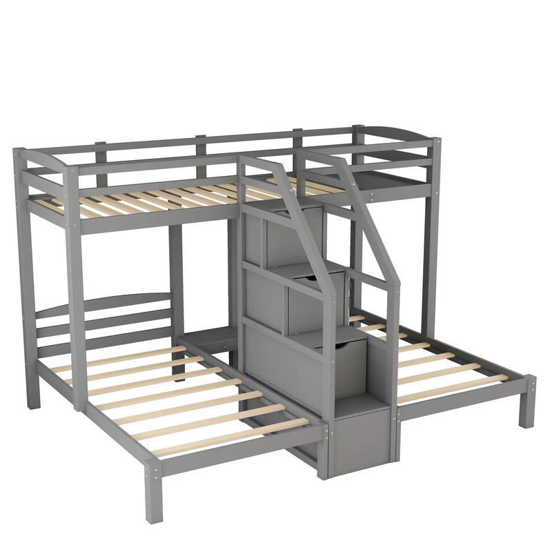 Twin Over Twin & Twin Bunk Bed With Built In Staircase And Storage Drawer - Gray by HouseOfZazla