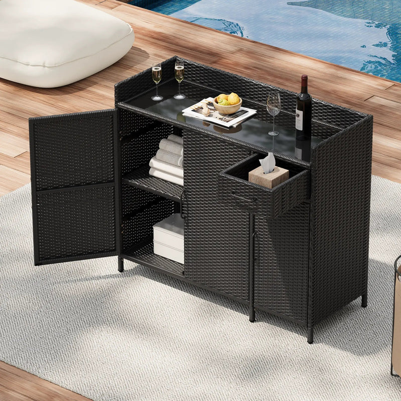 K&K 47.5"W Wicker Outdoor Storage Cabinet with Tempered Glass Top by HouseOfZazla