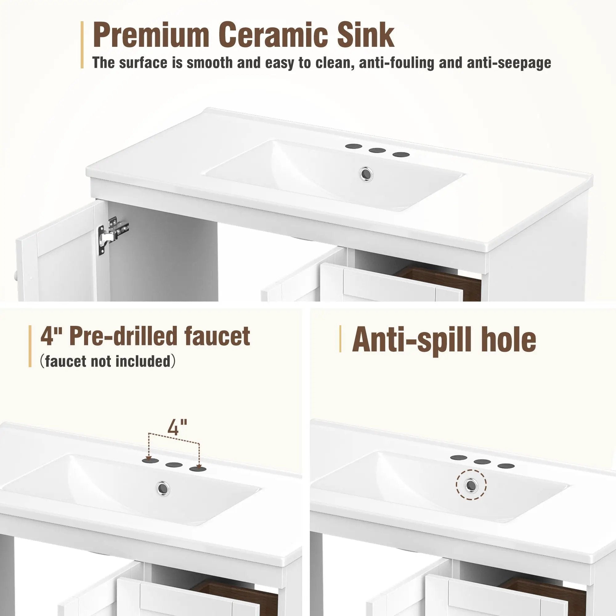 Shaker Free Standing Bathroom Vanity Cabinet & Sink, Soft Close Drawers, Soft Close Doors