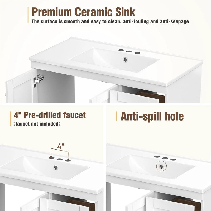 Shaker Free Standing Bathroom Vanity Cabinet & Sink, Soft Close Drawers, Soft Close Doors