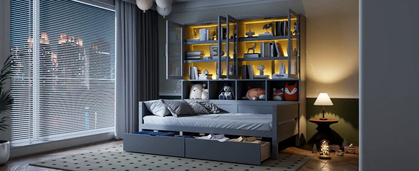 Daybed With Glass Door Storage Cabinets, Built In LED Lighting And Shelves by HouseOfZazla