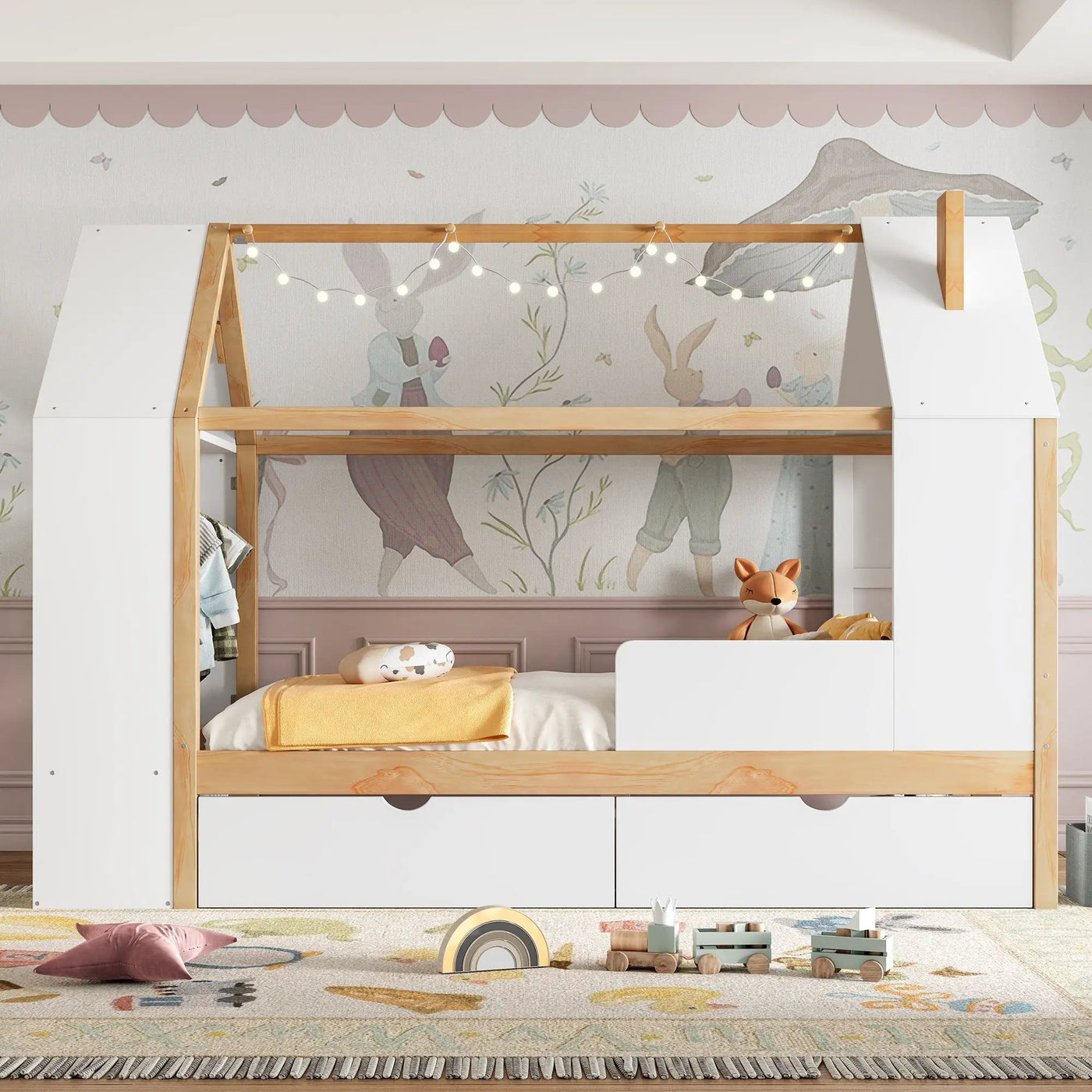 Twin Size House Platform Bed with Drawers, Solid Wood House Bed with Shelves by HouseOfZazla