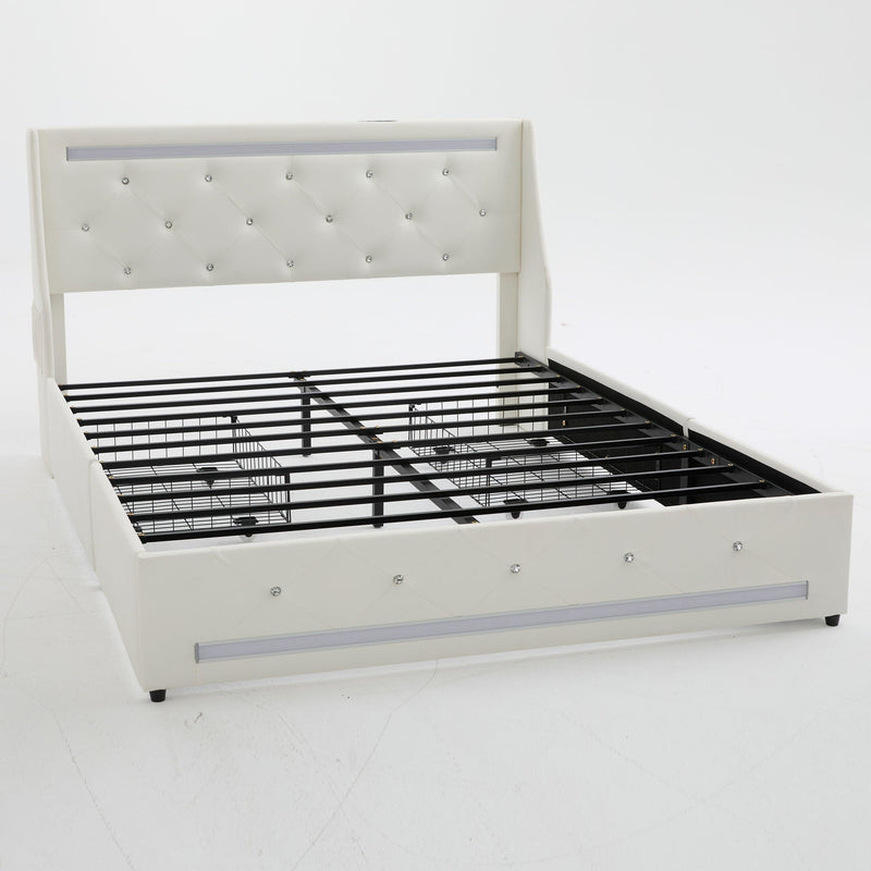 Wingback Upholstered Bed Frame With LED Lights, Charging Station by HouseOfZazla