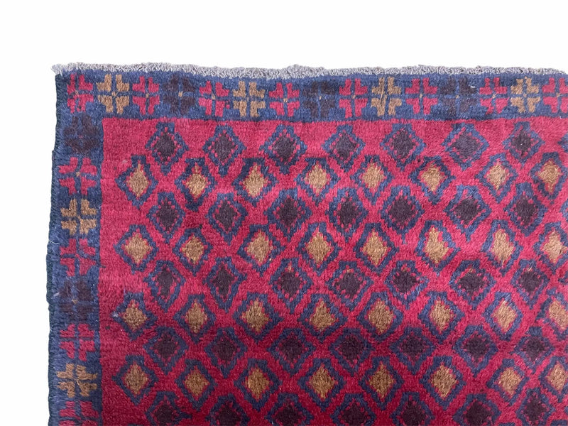 3x5 New Vintage Handmade Tribal Wool Rug Balouch Rug Afghan Rug Red Blue Diamond by Jewel Rugs
