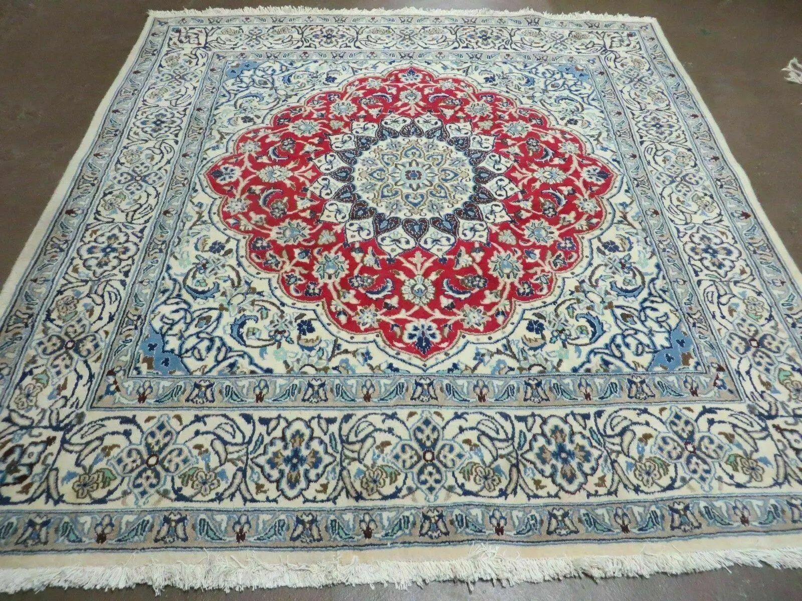 Square Persian Nain Rug 6'3" x 6' 8", Hand-Knotted, Wool with Silk Accents, Ivory Red Blue by Jewel Rugs