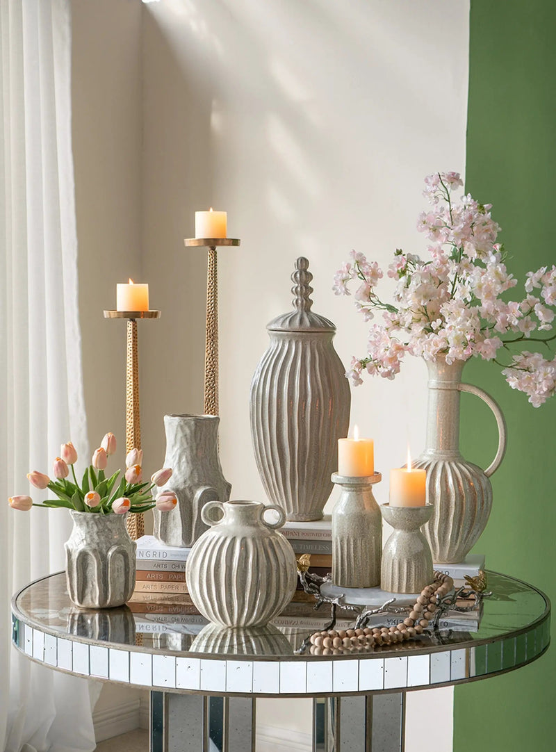 9x9x10' Decorative Round Ceramic Flower Vase with Small Handles and Textured Motif, Gold by HouseOfZazla