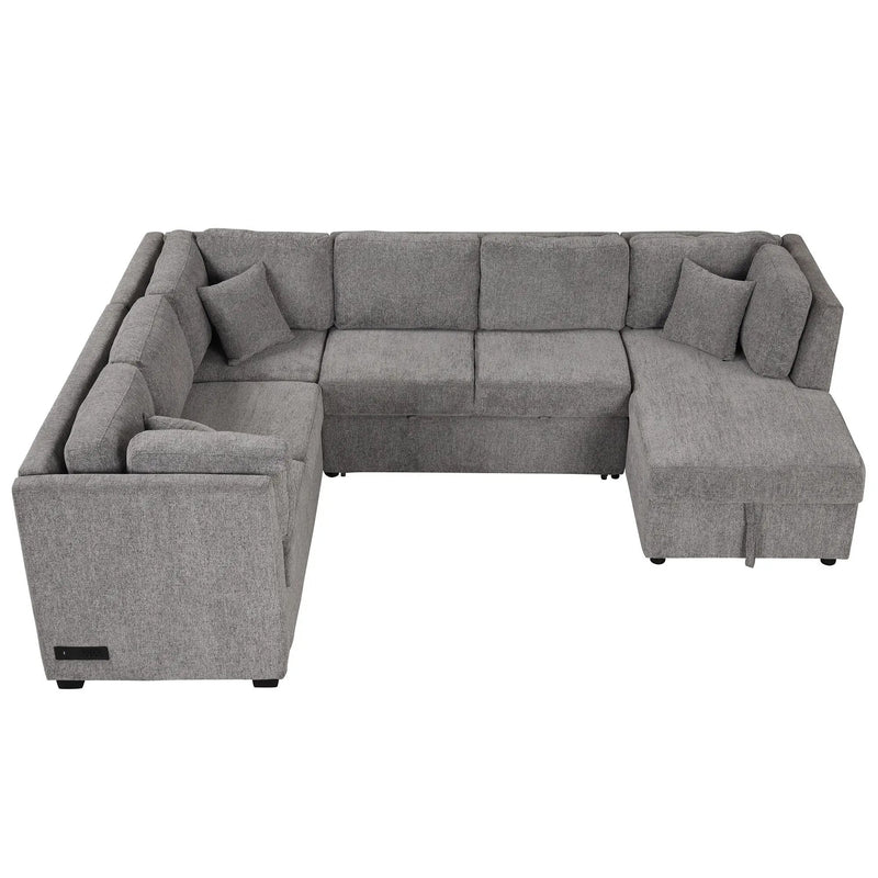 U-Shaped Sectional Sofa Pull Out Sofa Bed With Two USB Ports, Two Power Sockets, Three Back Pillows And A Storage Chaise For Living Room by HouseOfZazla