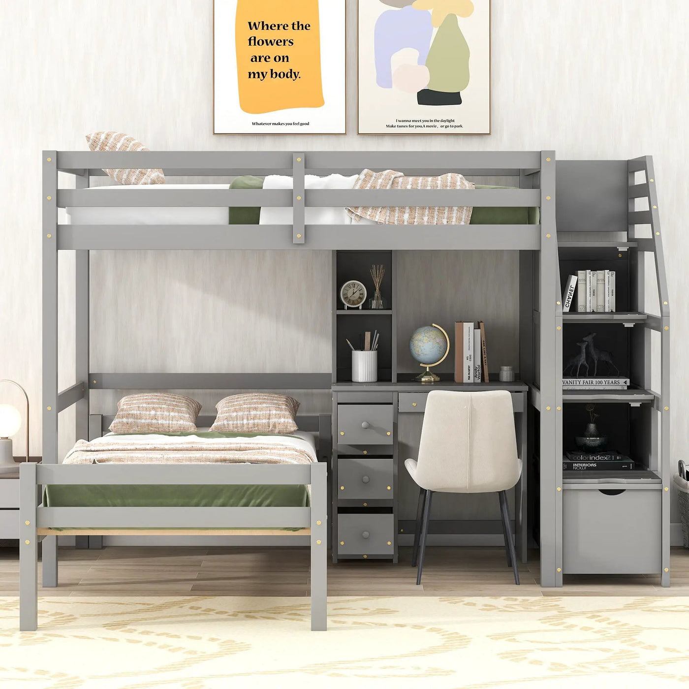 Loft Bed With Stand Alone Bed, Storage Staircase, Desk, Shelves, And Drawers by HouseOfZazla