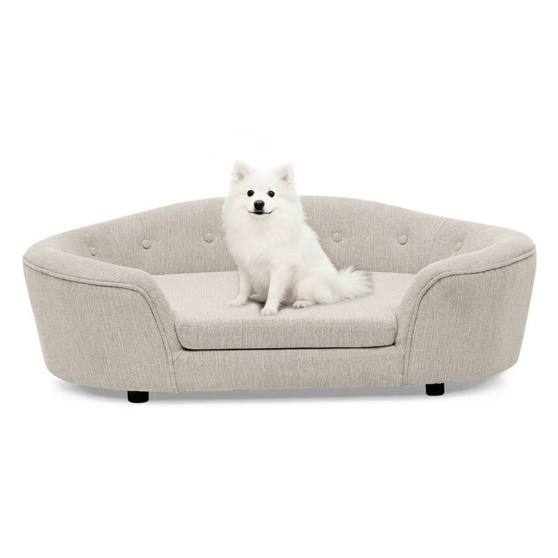 OVERSIZED Size Oval Semi-Enclosed Dog Sofa - Durable Linen Material, Button-Tufted Backrest, High-Center Low-Sides Support & Plush Comfort-Beige by HouseOfZazla
