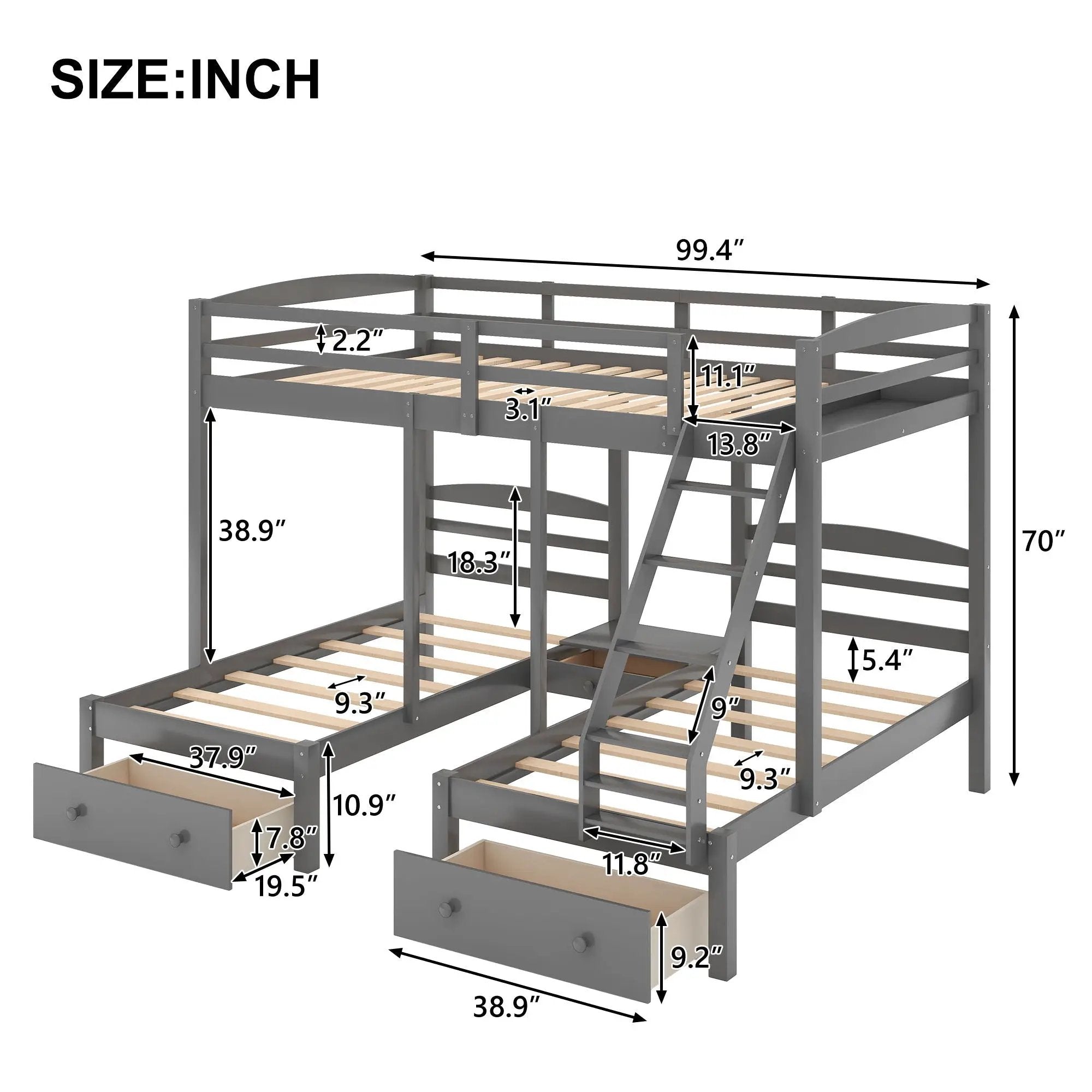Full Over Twin & Twin Bunk Bed, Triple Bunk Bed With Drawers - Gray by Unique Piece Furniture