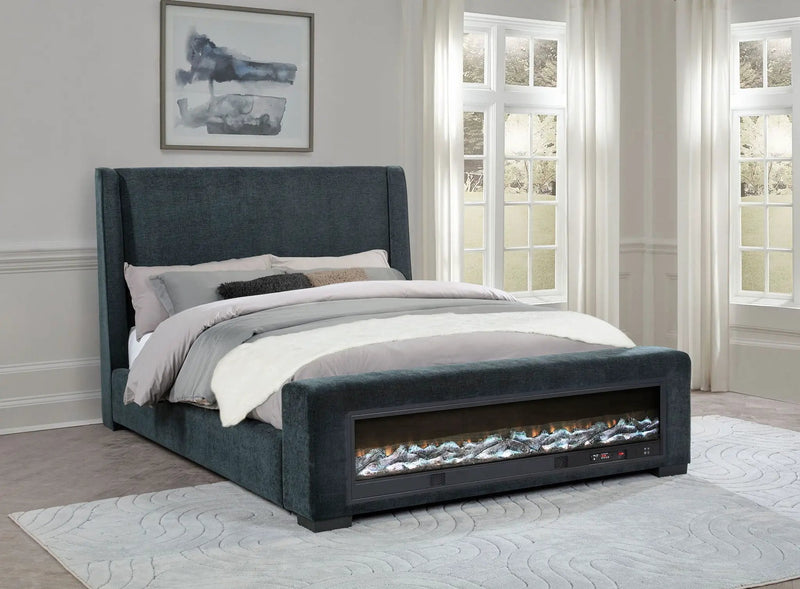 Preston Upholstered Eastern King Audio Flame Visualizer Bed Dark Blue by Unique Piece Furniture
