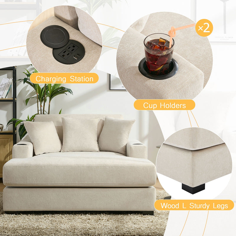 Oversized Chaise Lounger Modern Style Sofa Couch With Pillows, Charge Station & Cup Holders by HouseOfZazla