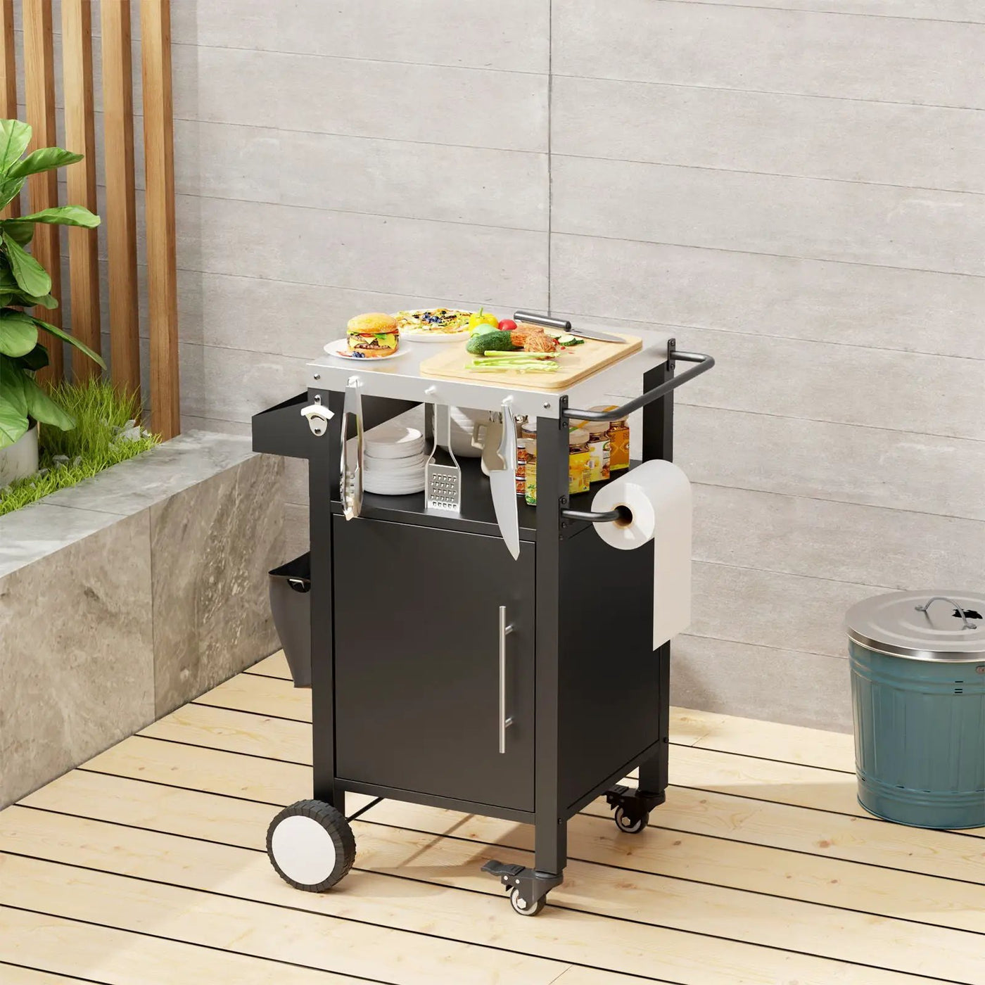 Outdoor Grill Cart With Storage, Rolling Bar Cart With Hooks And Spice Rack Stainless Steel by HouseOfZazla
