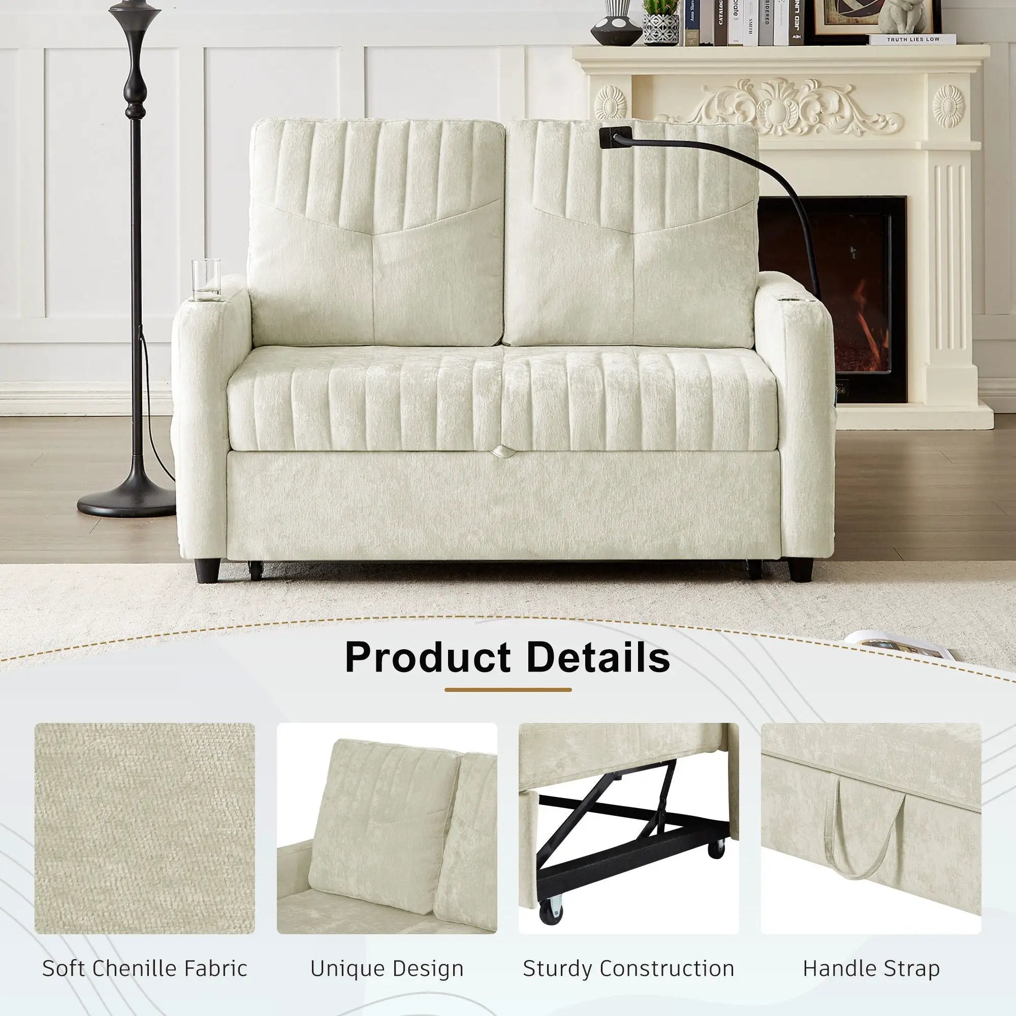 Modern Loveseat Pull Out Sofa Bed With Adjustable Backrest, Two Cup Holders, A Phone Holder, Three Charging Ports And Side Storage Pockets For Living Room by HouseOfZazla