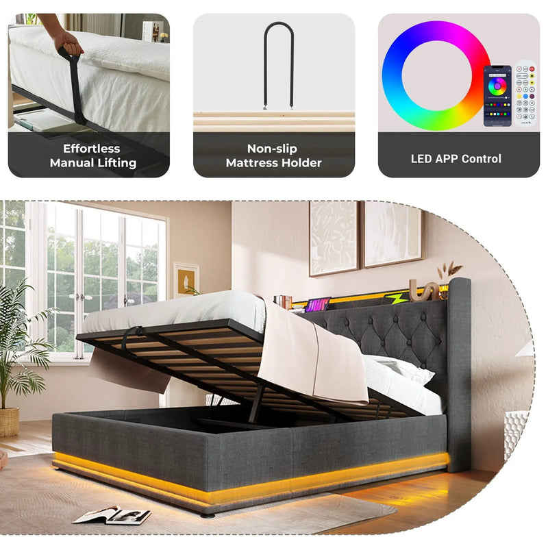 Upholstered Bed, 360 Surround LED Function, Remote Control, Hydraulic Storage Bed With USB, Type-C Charging (Without Mattress) by Unique Piece Furniture