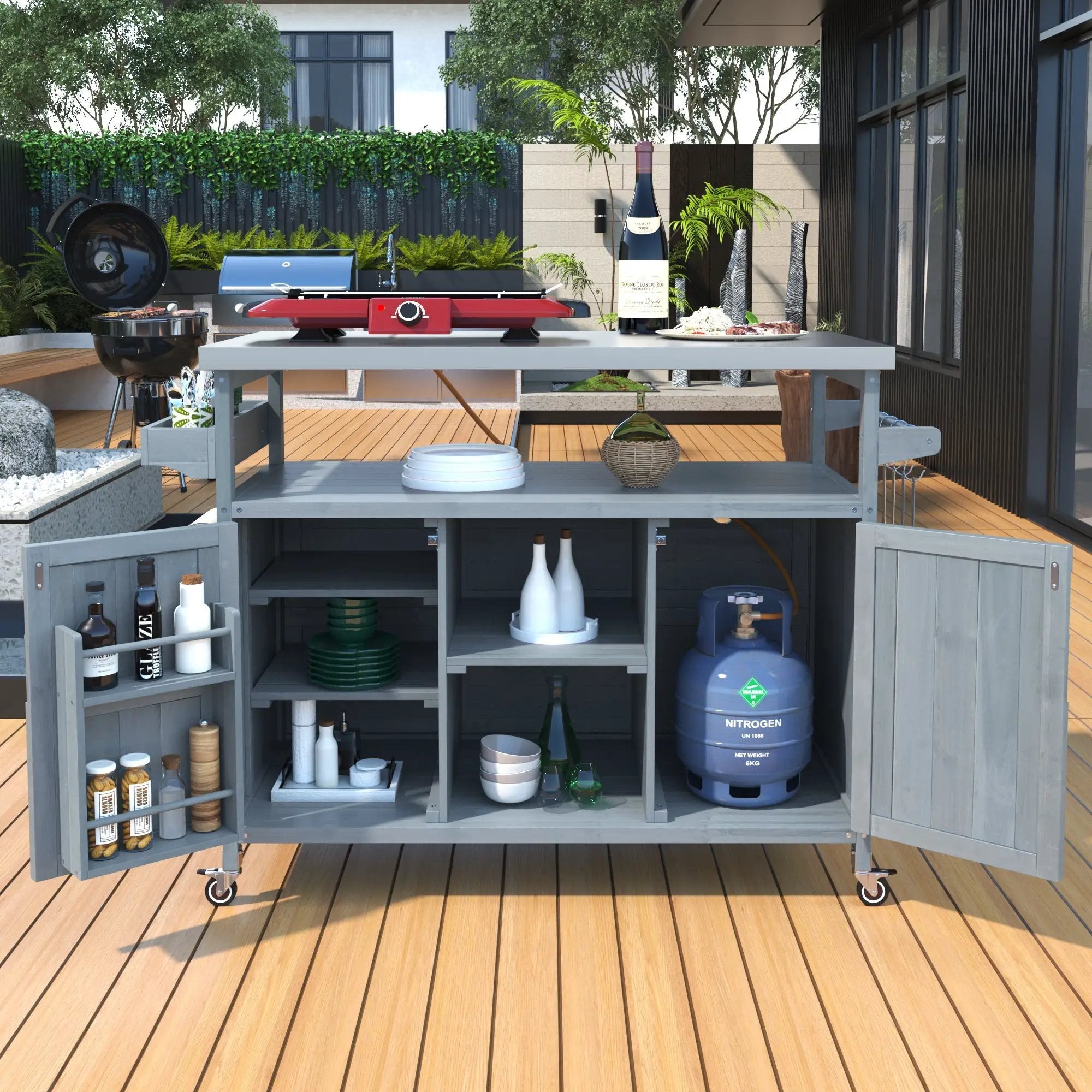 K&K Outdoor Kitchen Island, Rolling Bar Cart & Storage Cabinet by HouseOfZazla