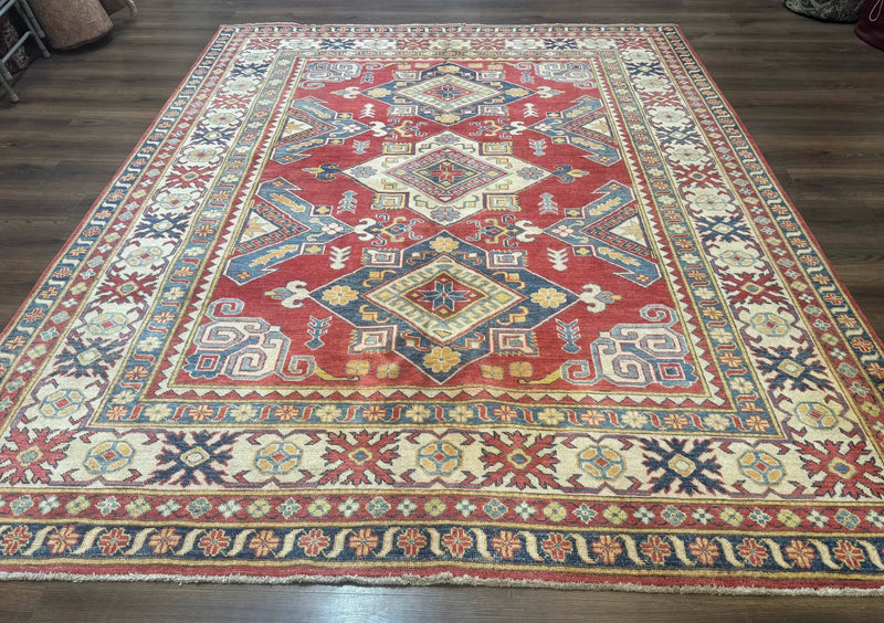 Turkish Kazak Rug 7.6 x 9.5, Geometric Medallions, Caucasian Pattern by Jewel Rugs