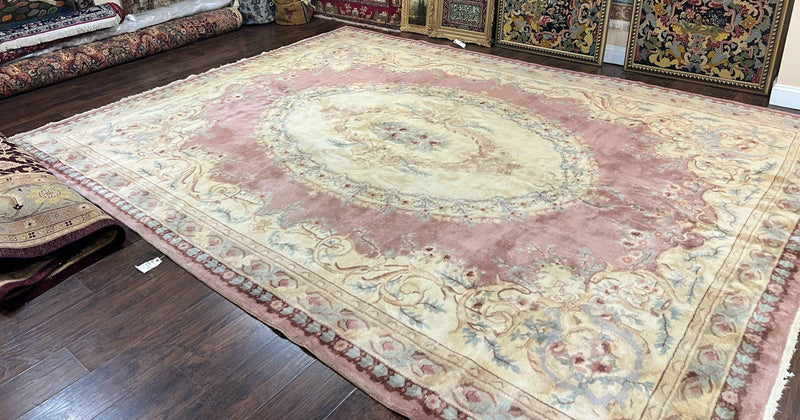 Indo Chinese Aubusson Wool Rug 10x14, Pink and Cream, Handmade Vintage Wool Carpet, Elegant European Design by Jewel Rugs