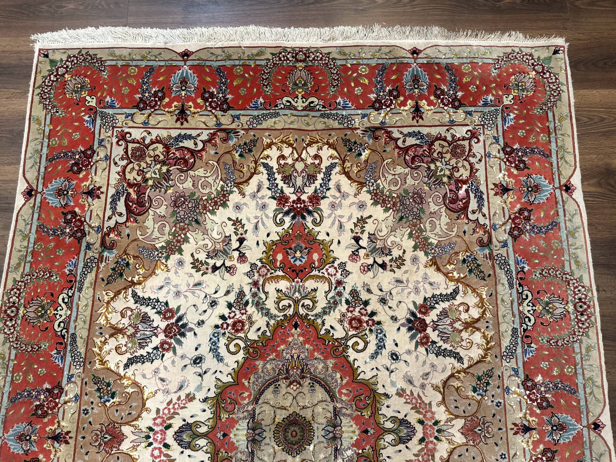 Wonderful Persian Tabriz Rug 5x7, Very Fine 440 KPSI, Ivory and Coral, Rare by Jewel Rugs
