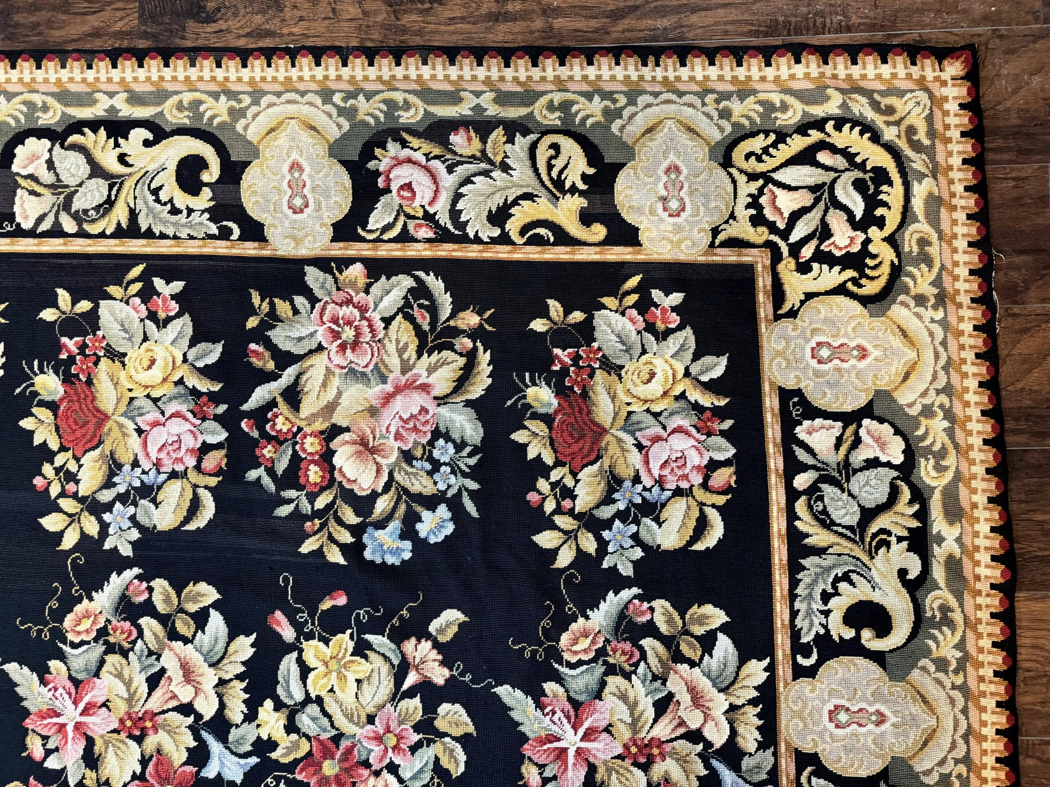 Palace Size Needlepoint Rug 12x16, Black and Colorful, Floral Panel, Handmade Oversized Wool Needlepoint Carpet, Rare by Jewel Rugs