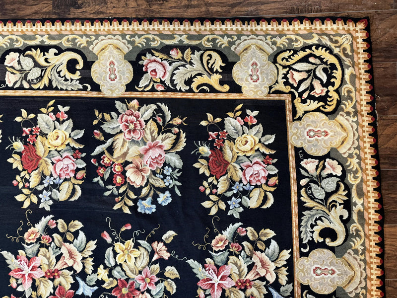 Palace Size Needlepoint Rug 12x16, Black and Colorful, Floral Panel, Handmade Oversized Wool Needlepoint Carpet, Rare by Jewel Rugs